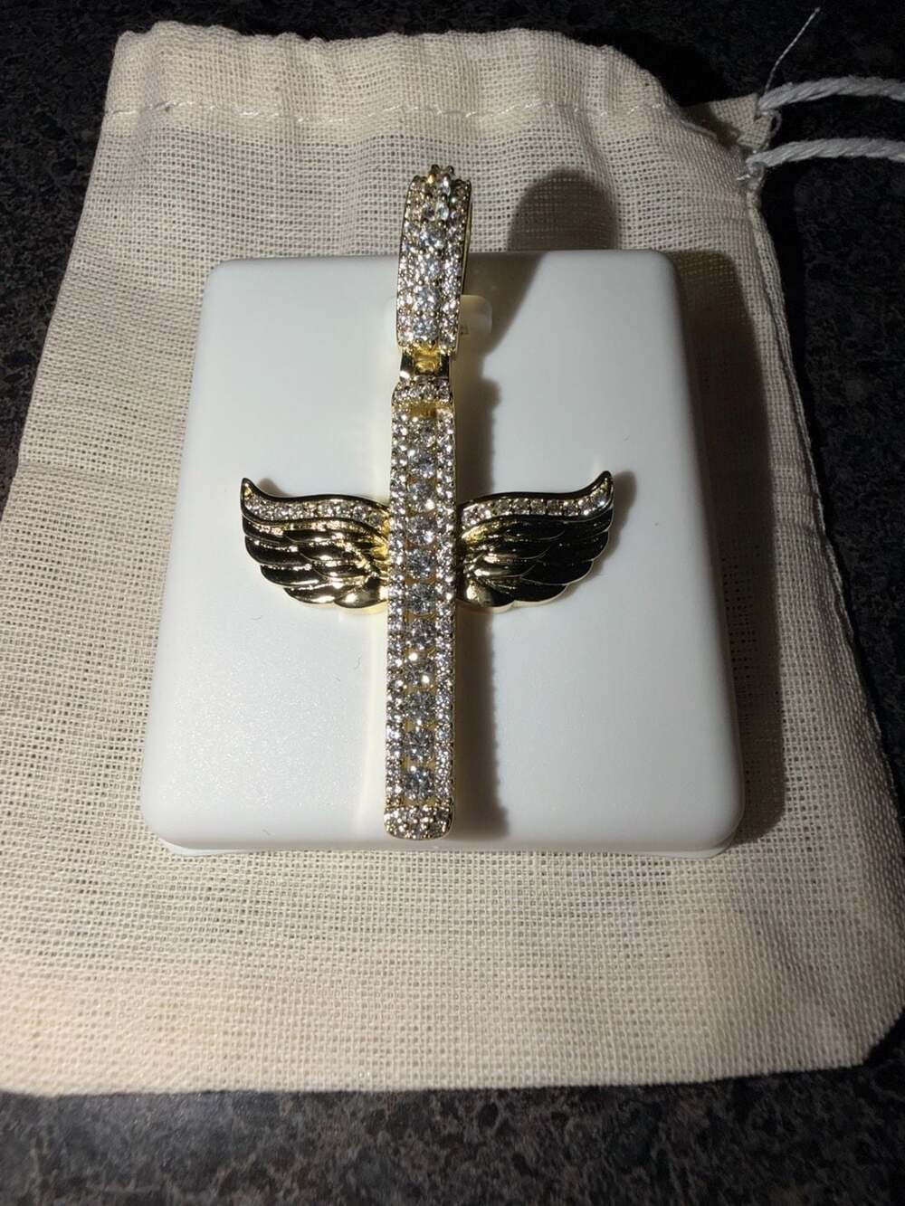 Unbranded Gold Plated Iced CZ Angel Wings Cross Pendant 2 Inch